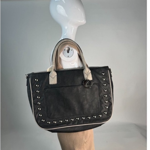 Chocolate Studded and Piped Edge Shoulder Bag OS Black Vegan Leather - Picture 2 of 10